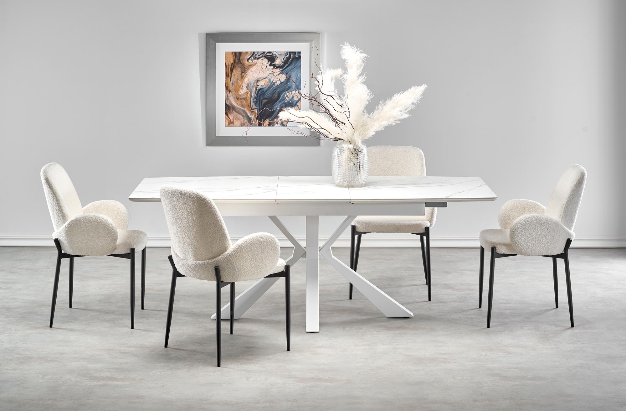 VIVALDI stôl s rozkladom doska - biely mramor, nohy - biele