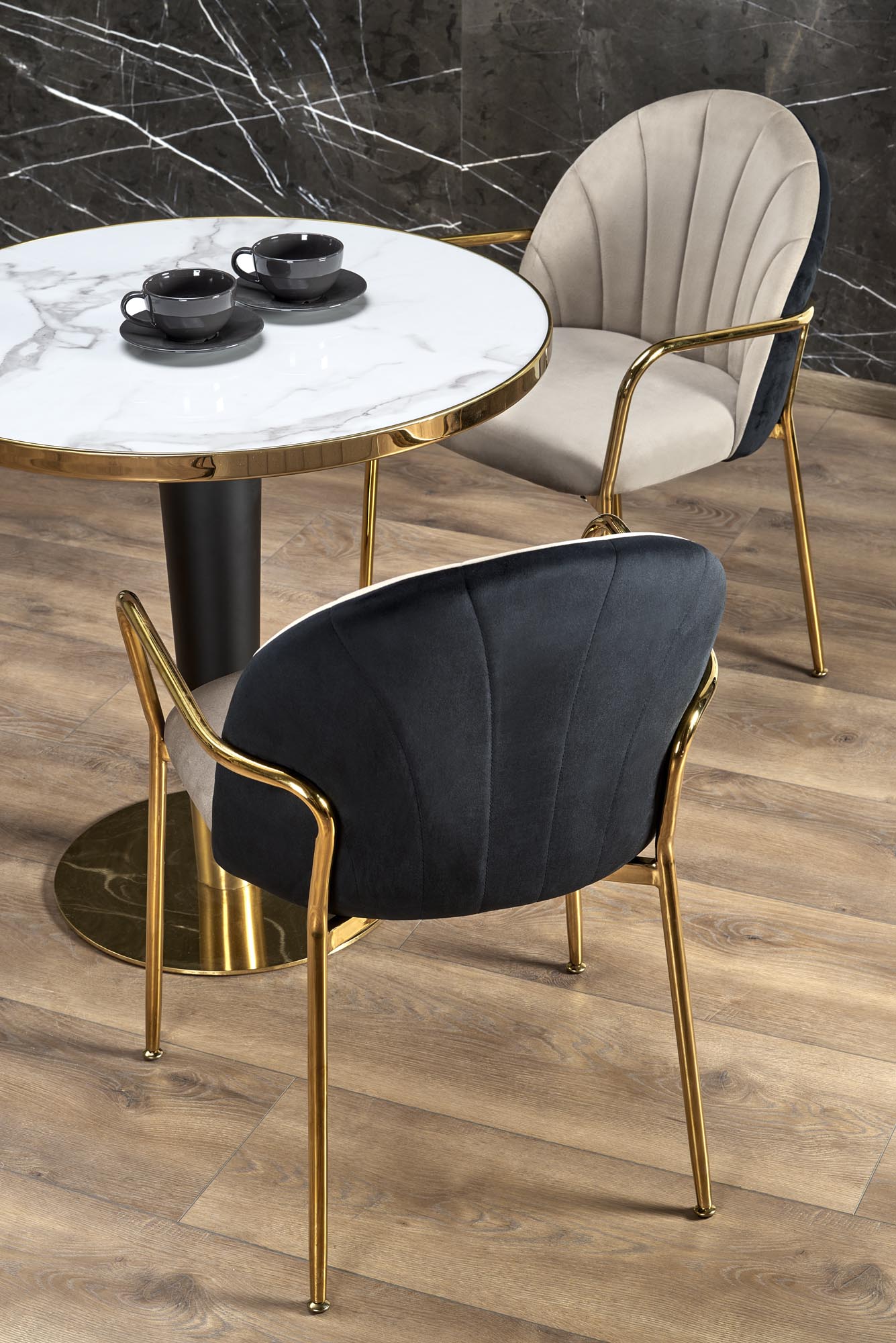 MORATA stôl okrúhly, biely mramor/čierny/zlatý