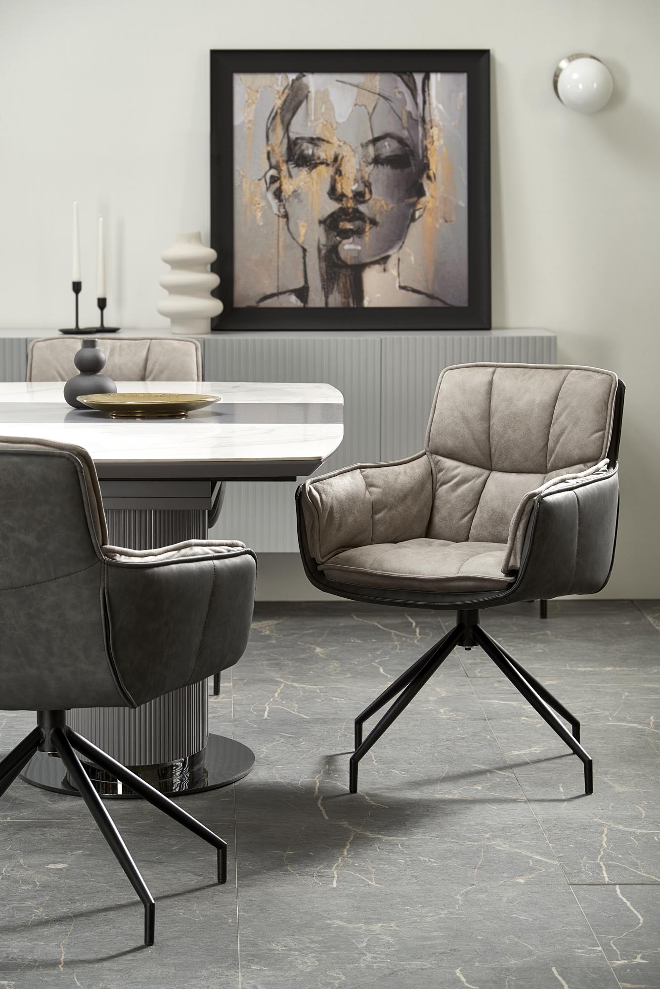 DANCAN rozkladací stôl, biely mramor/šedý/svetlo šedý/čierny