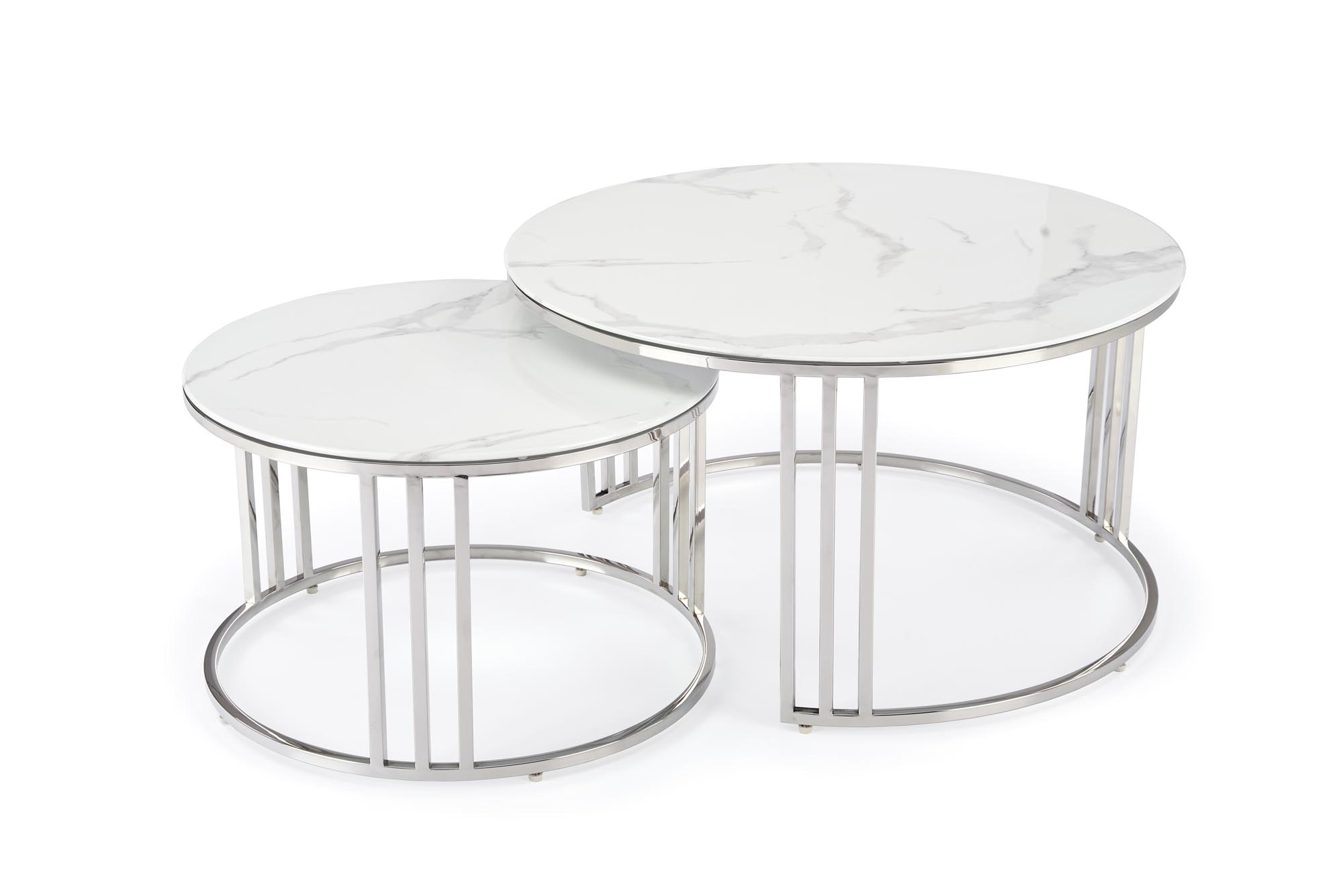 MERCURY 2 zostava dvoch konferenčných stolíkov, konštrukcia - strieborna, sklo - biely mramor