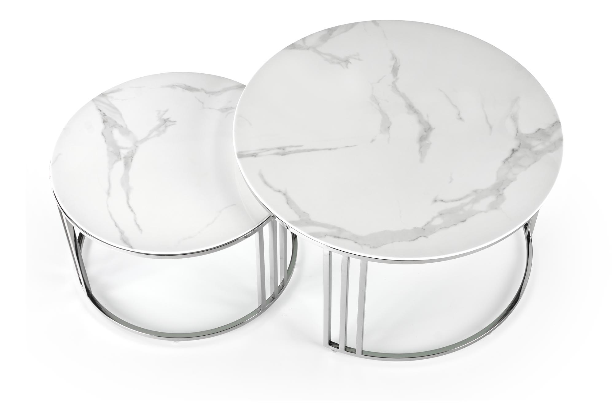 MERCURY 2 zostava dvoch konferenčných stolíkov, konštrukcia - strieborna, sklo - biely mramor