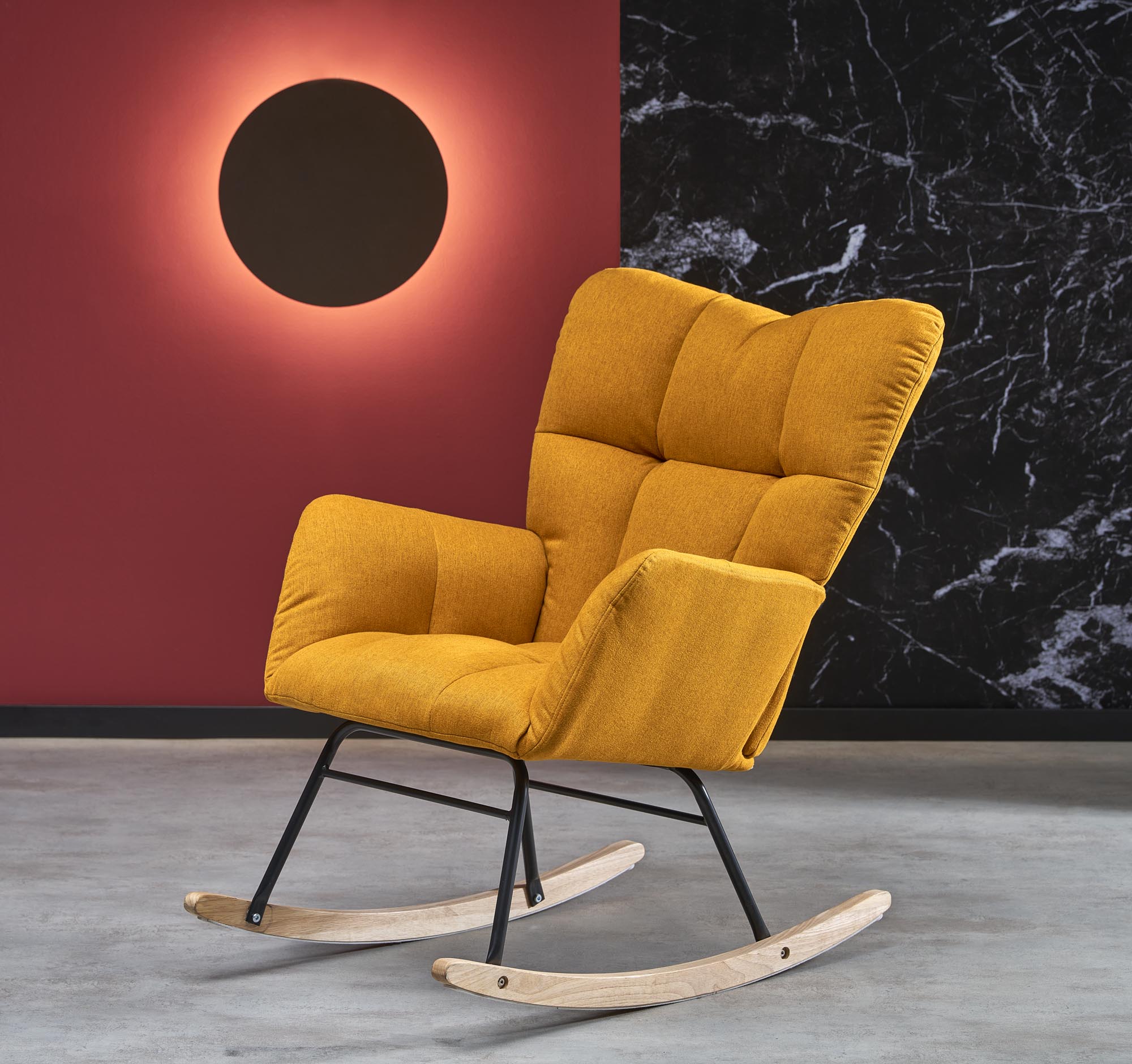 VASCO kreslo hojdacie, látka horčicová NEA#66/nohy drevo