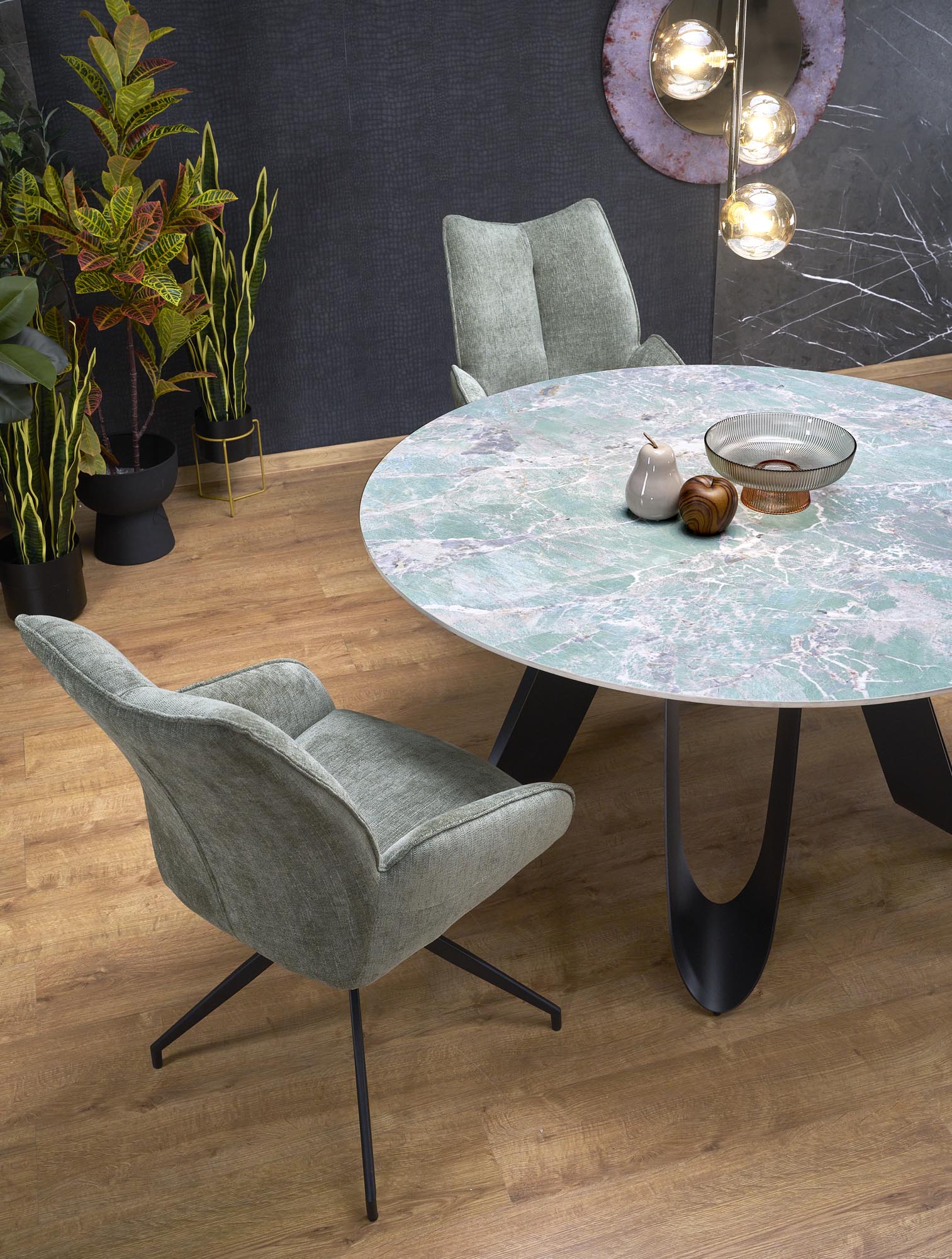 GIOVANI stôl jedálenský 135/76/60cm, mramor/oceľ, zelená/čierna