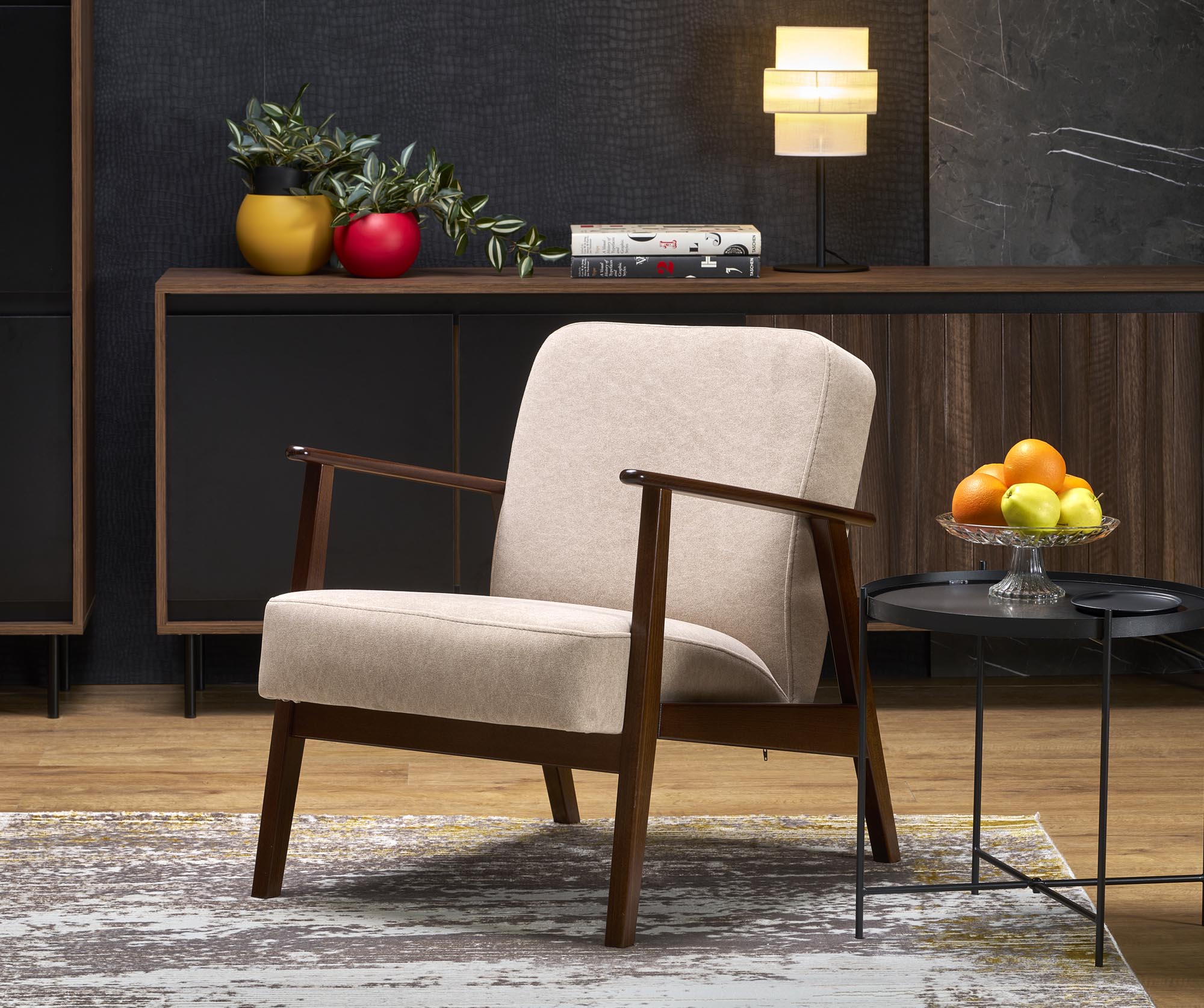 MILANO 1S kreslo, látka béžová CASTEL #15/ tmavý orech