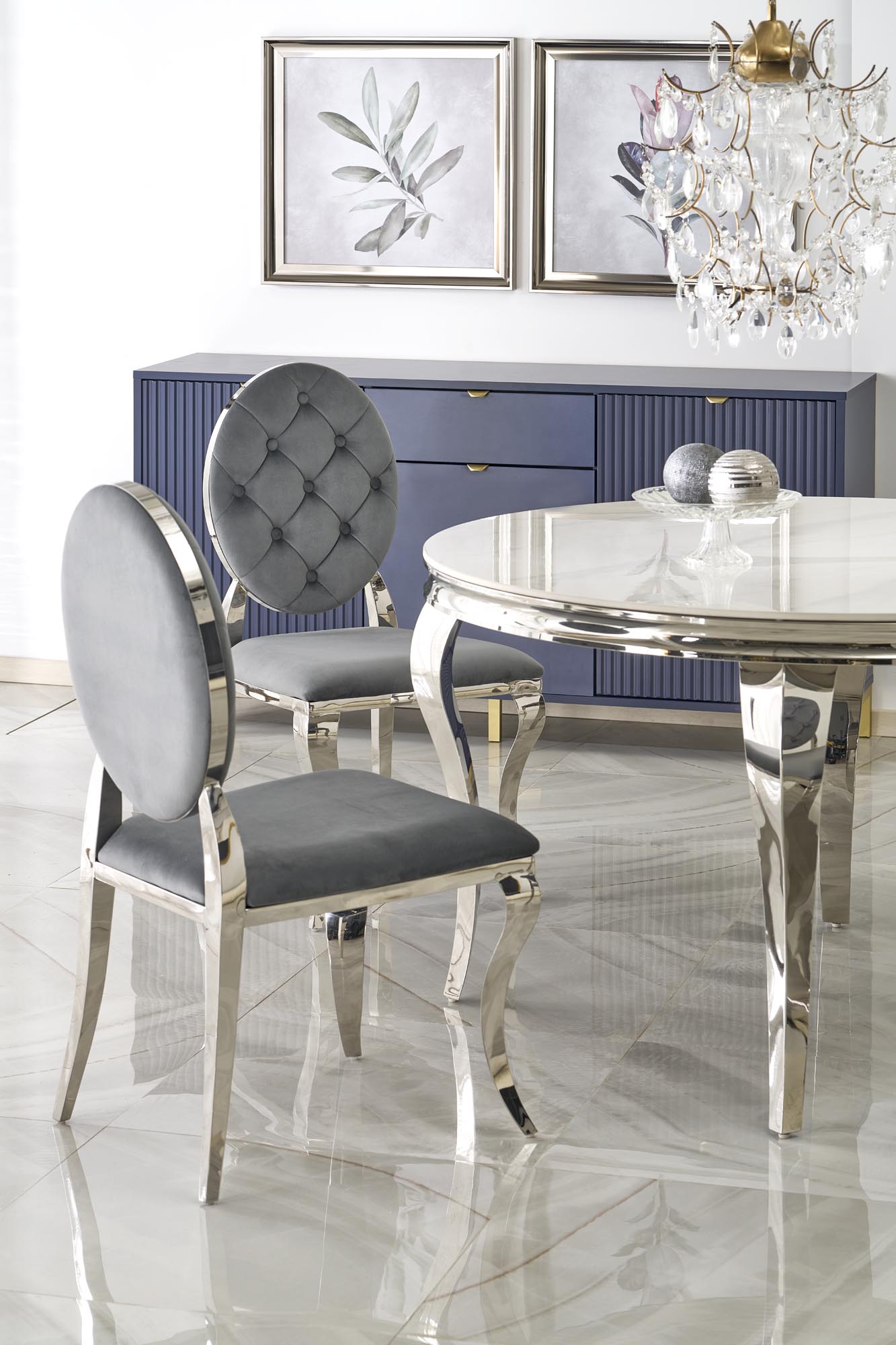 REGINALD jedálenský stôl okrúhly, 120/76/77cm, oceľ/mramor biely/nohy chróm