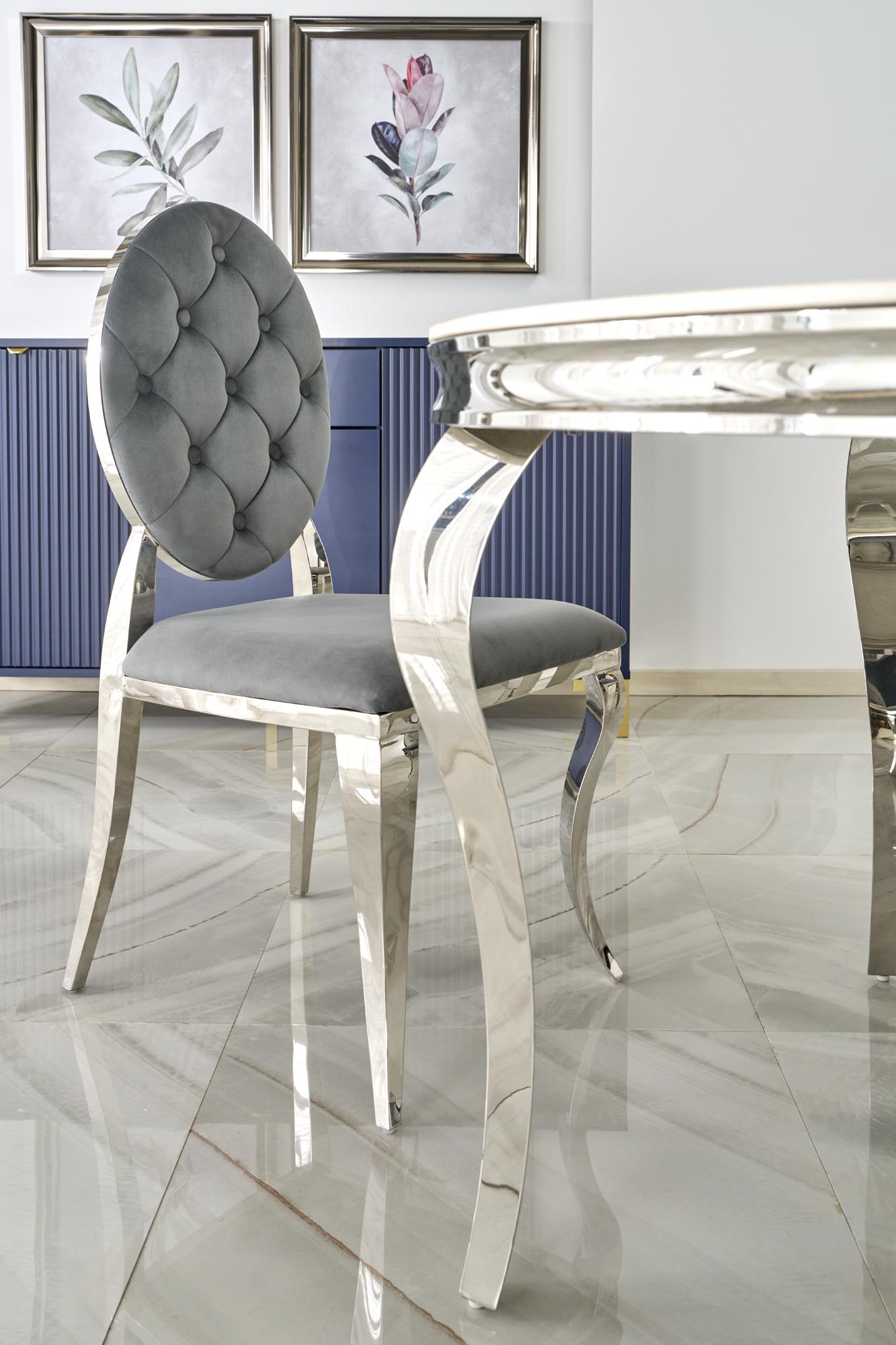 REGINALD jedálenský stôl okrúhly, 120/76/77cm, oceľ/mramor biely/nohy chróm