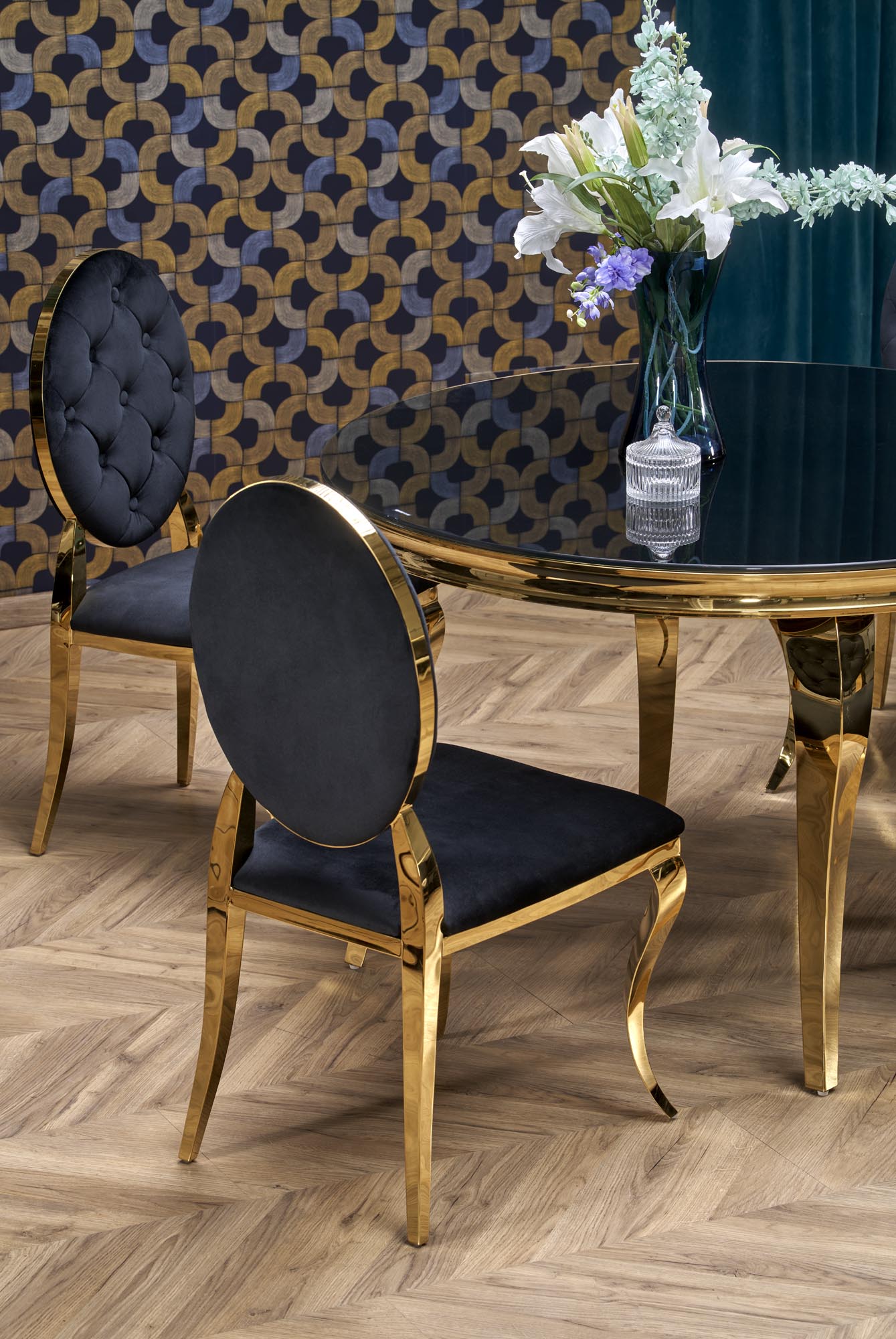 REGINALD 2 jedálenský stôl okrúhly,120/76/77cm, nerez / sklo/ nohy zlaté