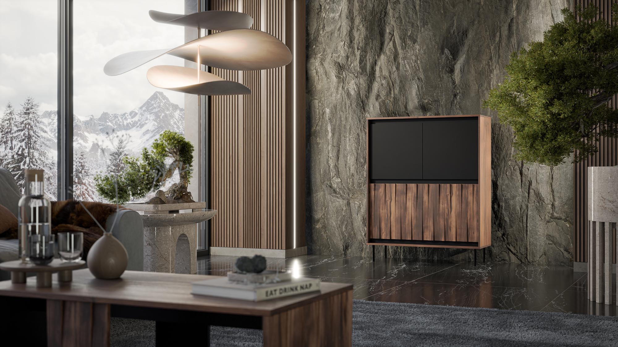 SWING KM-2 komoda 102/40/128cm, lamino/pvc/oceľ, orech/čierna