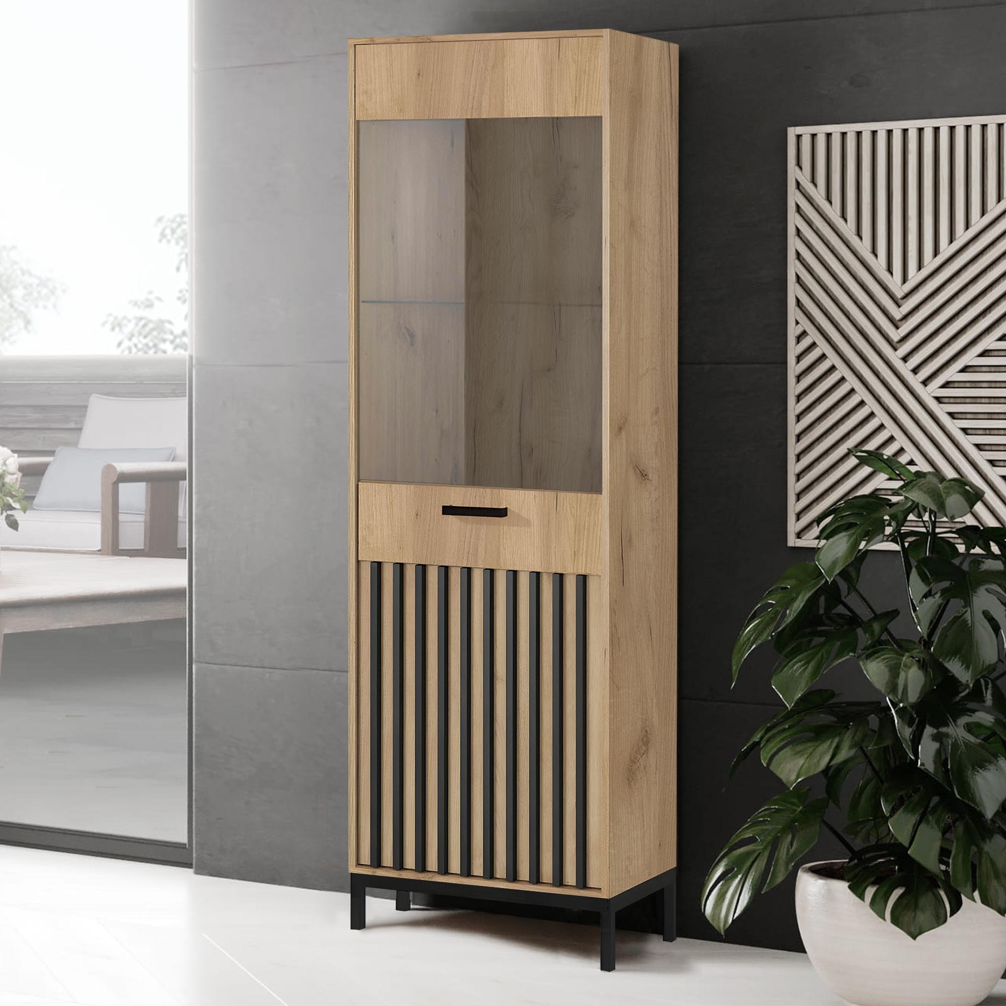 LAMINO W-1 vitrína 54/40/191cm, dub craft/čierna