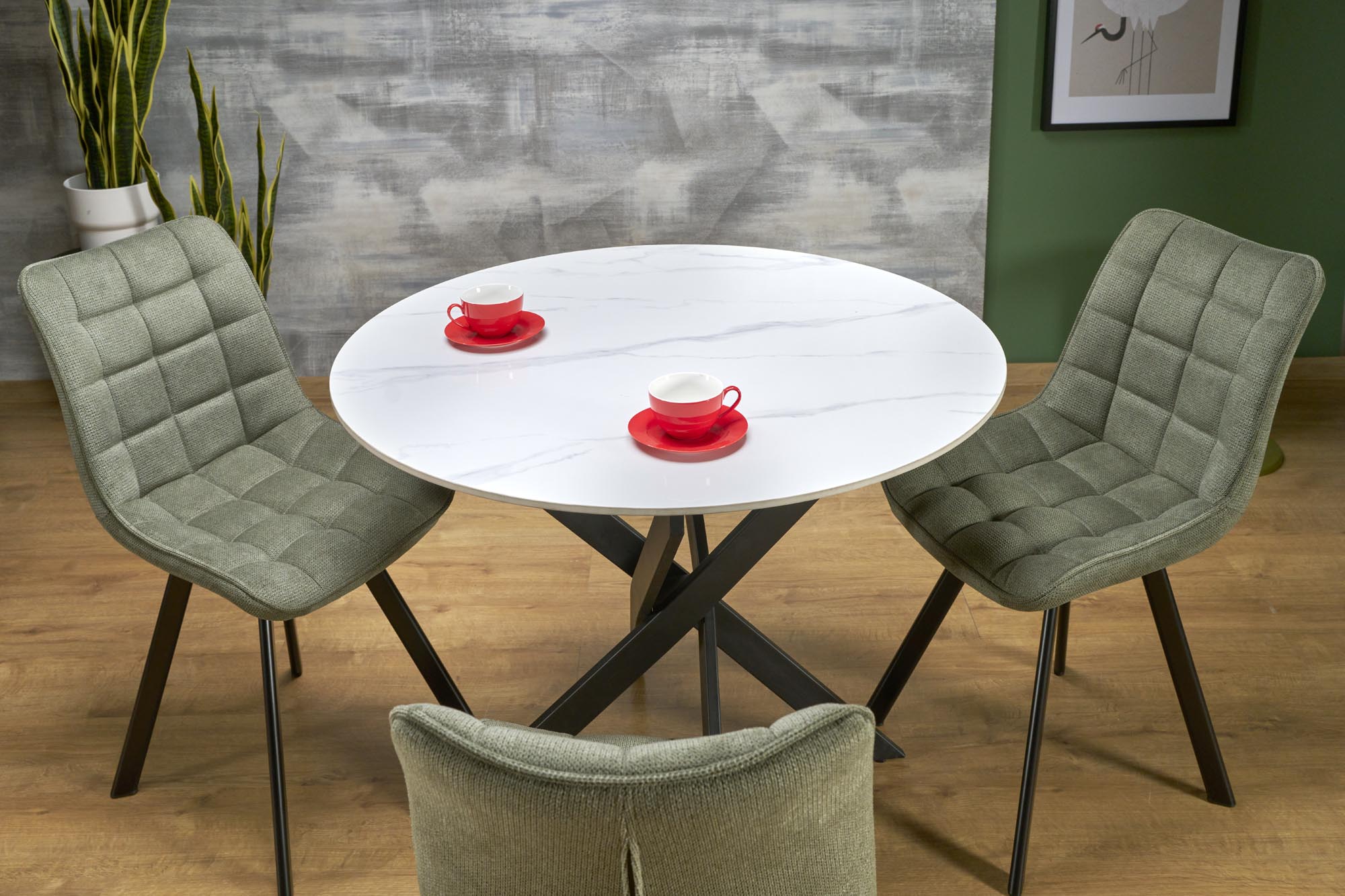 EDGAR 2 stôl jedálenský okrúhly, mramor biely/ nohy čierne