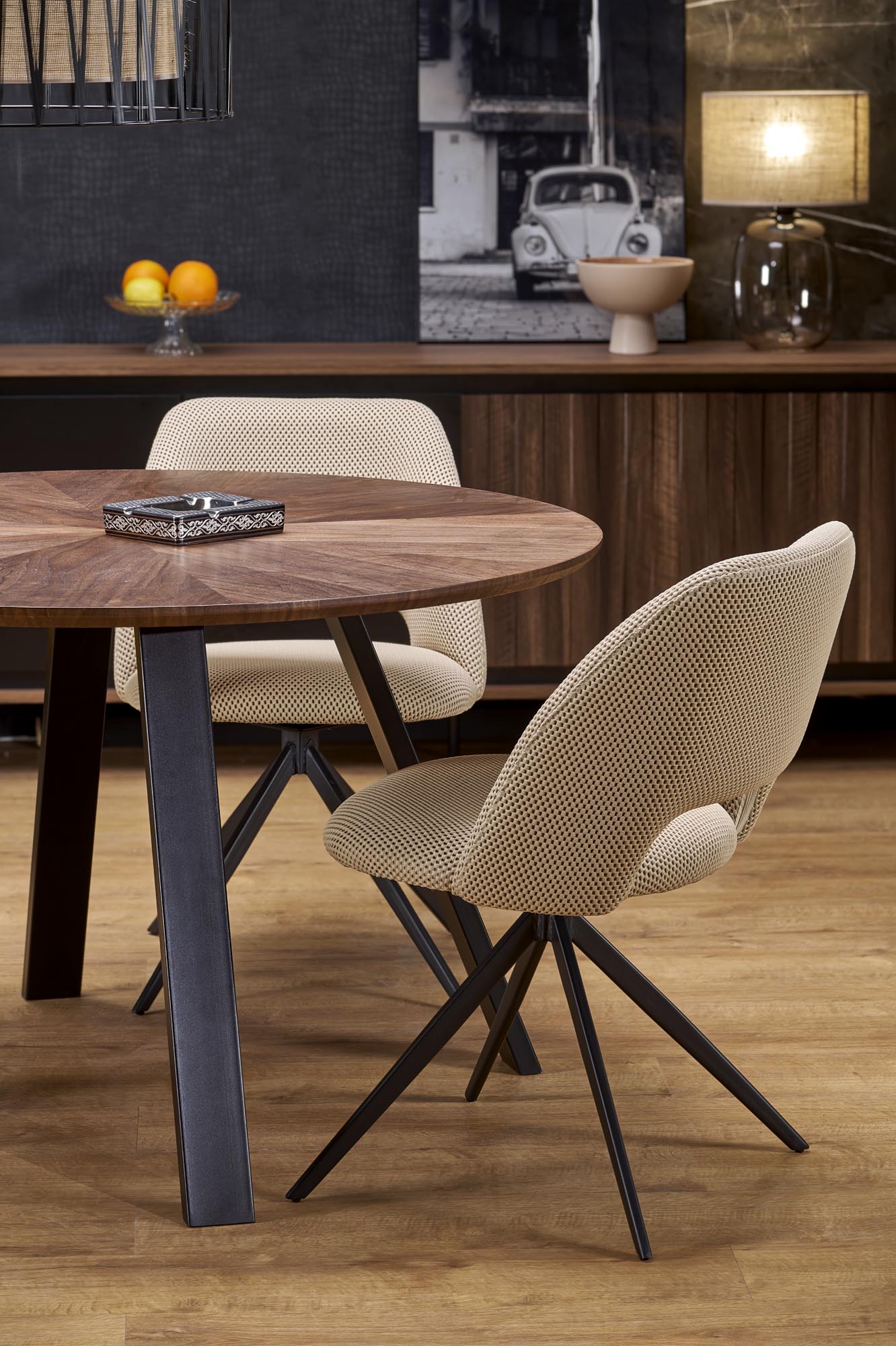 DANILO jedál.stôl okrúhly 120/74/65cm, pr.dýha/oceľ, orech/čierna