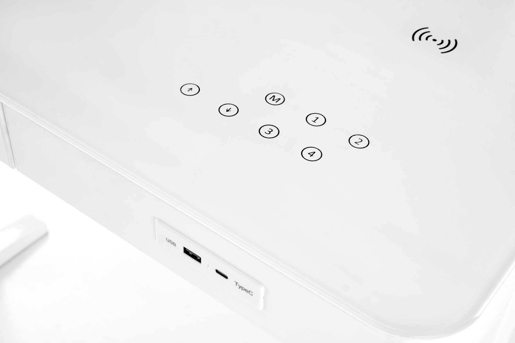 B-52 písací stolík, nastav.výška+displey+USB, sklo/kov, bialy