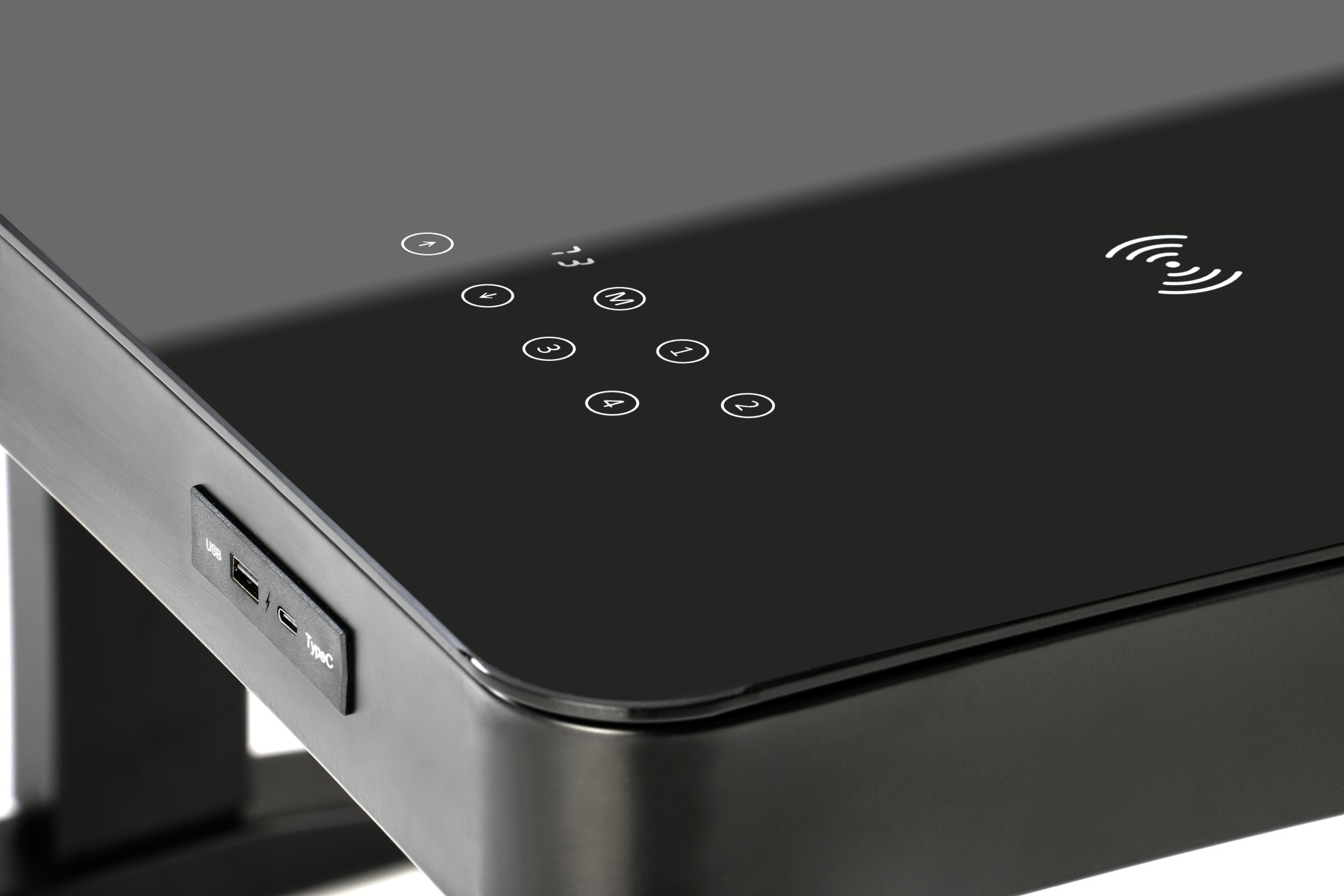 B-52 písací stolík, nastav.výška+displey+USB, sklo/kov, čierny