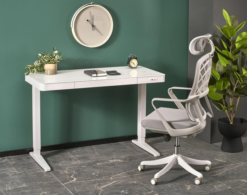 B-52 písací stolík, nastav.výška+displey+USB, sklo/kov, bialy