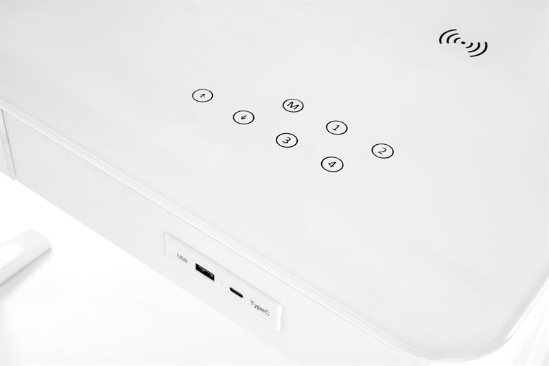 B-52 písací stolík, nastav.výška+displey+USB, sklo/kov, bialy