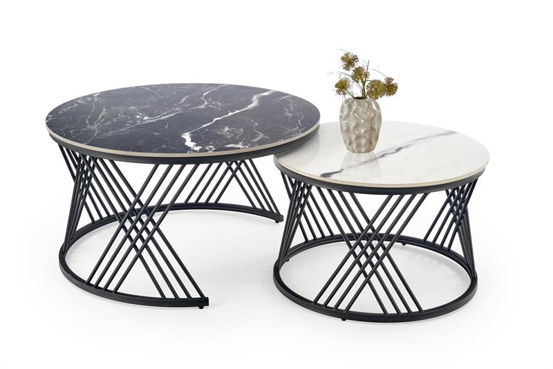 FLAMINGO sada 2 konferenčných stolíkov, čierny mramor/biely mramor/čierna